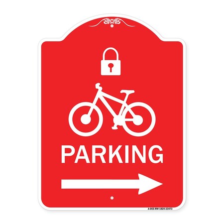 Signmission Parking W/ Lock Cycle & Right Arrow, Red & White Aluminum Sign, 18" x 24", RW-1824-23473 A-DES-RW-1824-23473
